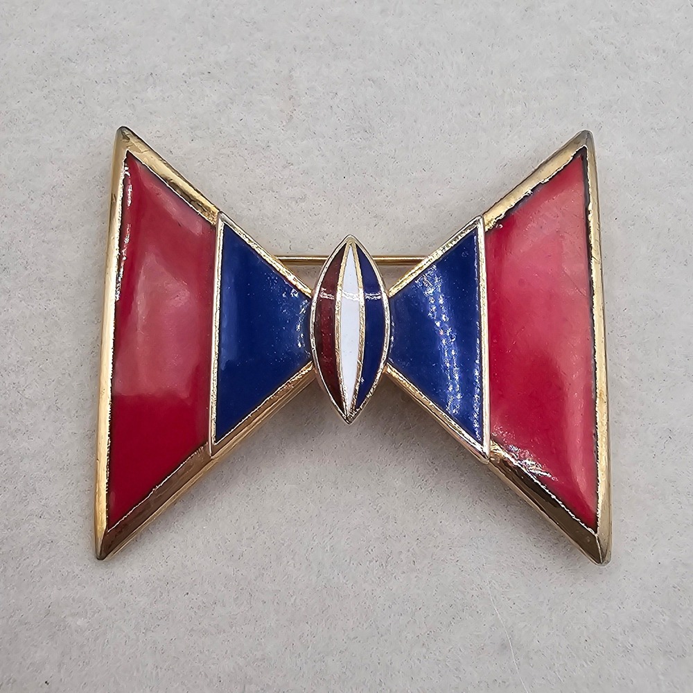 Vintage Red Blue White Enamel Geometric Bow Brooch Gold Tone Pin